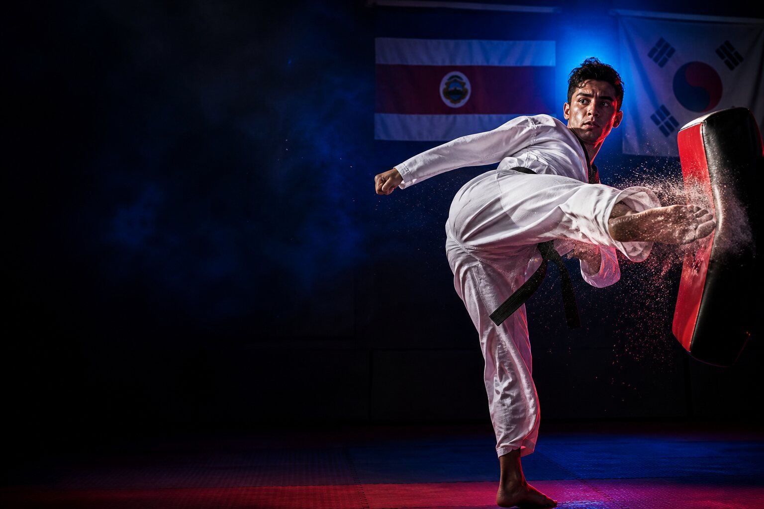 Atleta de Taekwondo entrenando combate